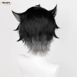 In Stock Wriothesley Wig Game Genshin Impact Cosplay Short Black Grey Hair Fontaine Wriothesley Cosplay Wig Anime Wigs + Wig Cap