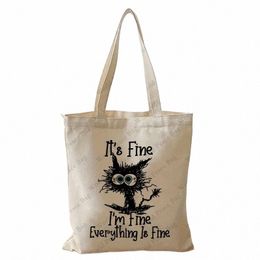 im Fine Everything is fine Carto Funny Cat Tote Bag, Lightweight Canvas Shoulder Bag, Versatile Handbag reusable shop bag l5Dt#