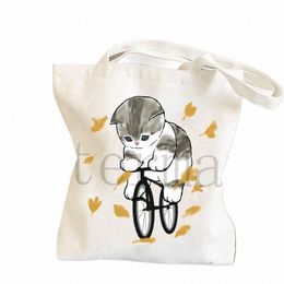 kawaii Cat Print Shoulder Bags for Lady Cute Tote Bag Womens Designer Tote Bags Linen Reusable Shop Bag for Groceries a19I#