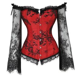 Corset Top With Sleeves Lace Up Bustier Plus Size Korsett For Women Jacquard Floral Gothic Gorset Renaissance Sexy Costumes