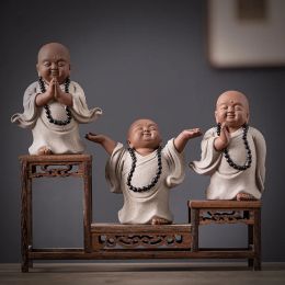 Sculptures Ceramics Zen Little Monk Figure Statue Chinese Buddha Cute Home Room Office Flower Pot Decoration Statue Featured Gift