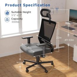 Dripex Ergonomic Office Chair, High Back Desk Chair, Computer Mesh Chair with Lumbar Support, Adjustable Headrest & 2D Armrest