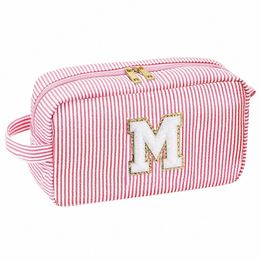 cute Initial Waterproof Pink Women Girls Travel Cosmetic Toiletry Bag Makeup Pouch with Chenille Letter Patch Q03J#