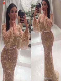 Real pictures Luxury heavy pearls Prom Dress abiti da cerimonia da sera formal long sleeves high quality mermaid evening dresses 29108673