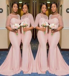 2022 Blush Pink Sheer Jewel Neck Bridesmaid Dresses 12 Sleeve Mermaid Floor Length Black Girls Maid of Honor Gown Wedding Guest Dr7384960