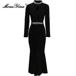 Casual Dresses MoaaYina Autumn Fashion Designer Black Vintage Mermaid Dress Women's Stand Collar Diamond Sashes Package Buttock Slim Long