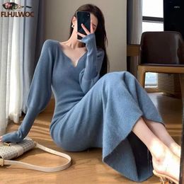 Casual Dresses Winter Spring Warm Basic Wear Women Fashion French Style Design Long Sleeve Ruffles Fishtail V Neck Knitted Sweater Dress