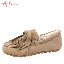 Casual Shoes Aphixta 2024 Winter Warm Women Flats Luxury Fringe Classics Woman Loafers Plush Flat Heel Slip-on Footwear