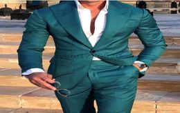 Teal 2 Piece Men Suits Peaked Lapel One Button Prom Suits Costume Mariage Homme Blazer Jacket Men Tuxedos Groom Wedding Suits Coat4271900