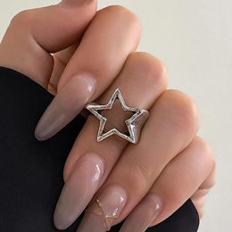 Cluster Rings Punk Hollow Out Thick Geometric Star Open Ring For Women Men Minimalist Silver Color Adjustable Party Hip Hop Jewelry