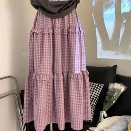 Skirts Mori Girl Style Vintage Purple Black Plaid Cake Skirt Korean Fashion Spring Summer High Waist A-line Casual Long For Women