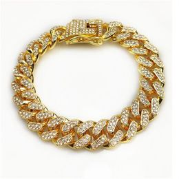 HipHop Men Women 13MM Prong Cuban Link Chain Bracelet Bling Iced Out 2 Row Rhinestone Paved Miami Rhombus Cuban Chain Jewelry