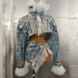 Przyjęcie urodzinowe taniec nocny piosenkarz Performer top spódnica seksowna scena niebieski wzór dżinsowy 2 sztuki zestaw cekinów strój kostiumowy