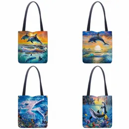 ocean Dolphin Print Casual Tote Bag Linen Tote Bag Women's Foldable Fi Travel Bag Women Portable Eco Shop High Quality V7VH#