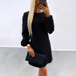 Casual Dresses Simple O-neck Solid Party Dress Women Spring Back Buttoned Slim Straight Autumn Long Sleeve A-Line Office