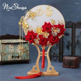 Wedding Flowers NiuShuya Handmade Retro Chinese Gold Bridal Bouquets Fan Artifical 3D Round Hand Ramo De Novia