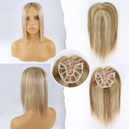Blonde Highlight Mono Topper Human Hair 10 Inch Straight Remy European Hair For Women Fine Hairpiece 6Inchx6.5Inch With 5 Clips