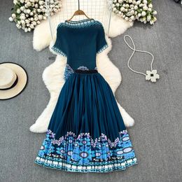 Two Piece Dress Runway 2 Pieces Set Miyake Pleated Suit Summer Women's Turtleneck Short Sleeve Flower Print All Match Slim Tops 2024 Skirt Sets