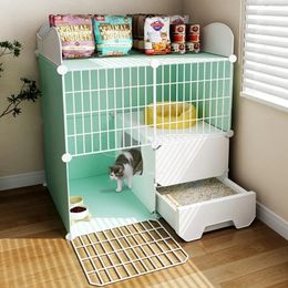 Cat Carriers Iron Mesh Cage House Indoor Villa Simple Pet Supplie Breathable Fence With Toilet Litter Box Integrated