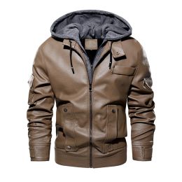 2024 High Quality Leather Jacket Men Brown black PU Leather Motorcycle Jacket With Removable Hooded Male PU Jacket Coat