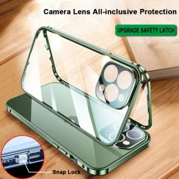 360° Full Protective Magnetic Snap Lock Case For iPhone 15 14 13 12 Mini 11 Pro Max Double Sided Glass Camera Lens Protect Cover