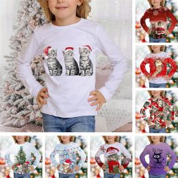 T-Shirt With Cats For Children Halloween Christmas Tree T Shirts Cat Snowman Girly Clothes From 6 To 14 Years White Kawaii Tees