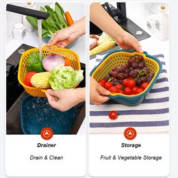 6Pcs Double-Layer Multifunctional Drain Container Vegetable Washing Strainer Kitchen Fruit Clean Storage Basin Kitchen Tools