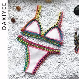 Women's Swimwear Hand Crocheted Micro Bikinis 2024 Bordered Women Swimsuit Contrast Color Patchwork Beach Thong Bathing Suit Biquini