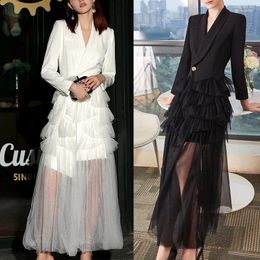 Casual Dresses 2024 Spring And Autumn British Style Evening Dress Women's Net Gauze Splicing Long Long-sleeved Suit Skirt European Am