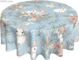 Table Cloth Spring Easter Tablecloth Round 60 Inch White Bunny Table Cloth Waterproof Farmhouse Teal Floral Tablecloths for Holiday Party Y240401