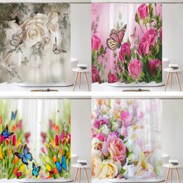 Shower Curtains Colorful Beautiful Fresh Flowers Curtain Bathroom Waterproof Polyester Butterfly 3D Print For