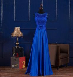 Scoop Neck Lace Satin Evening Dresses Long Royal Blue Burgundy 2019 Floor Length Formal Dress Abendkleider7544261