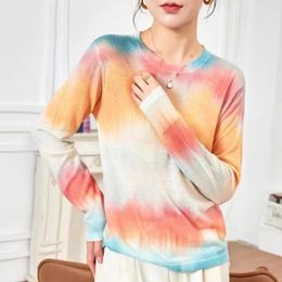 Women's Blouses Early Spring Ultra Fine Worsted Water Soluble Wool Sweater Women Ink Print Round Neck Long Sleeve Base T-shirt Sunscreen Top
