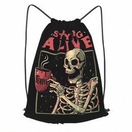 staying Alive Funny Skelet Drink Coffee Drawstring Backpack Fi Beach Bag Persalised School Sport Bag Sports Bag c4wI#