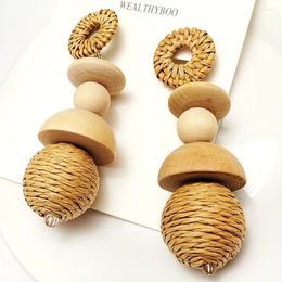 Dangle Earrings Woman Earring Korea Handmade Wooden Straw Weave Rattan Vine Hoop For Women Geometric Drop 2024 Trend Jewelring