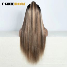 FREEDOM 13x2 Synthetic Lace Front Wigs For Black Women 30 Inch Long Straight Lace Wig With Bangs Ombre Brown Blue Cosplay Wigs