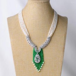 Pendant Necklaces 20'' 4 Strands White Pearl Freshwater Statement Necklace CZ Pave Green Jade