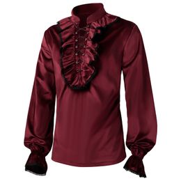 Red Lace Up Ruffles Lantern Sleeves Men Cosplay Pirate Medieval Renaissance Gothic Victorian Shirt Vintage Top Steampunk Outfit