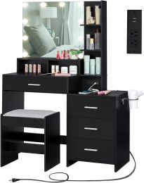 usikey Large Vanity Table Set with Lighted Mirror & Charging Station, Makeup Vanity Dressing Table with 4 Storage Shelves and 4