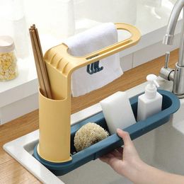 Kitchen Storage Sink Rack With 4 Hook Adjustment Shelf Sponge Drain Expandable Basket Bag Faucet Holder