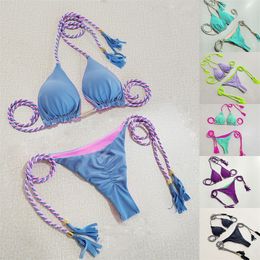 2024 Newest Sexy Bikini Sets Double Colour Splicing Tassels Laceing Bikini Suit Summer Beach Swimming Laceing Swimsuits Swimwear With Chest Pads