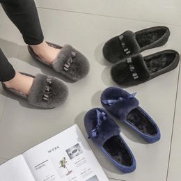 Casual Shoes Bowknot Furry Woman Winter Plush Solid Flats Round Toe Flock Slip-on Creepers Loafers Female Brief Cotton Footwear