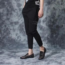 Men's Pants Punk Personality Male Slim Ankle Length Trousers Mens Casual Patchwork Rivet Skinny Men Novelty Black Pantalon Homme