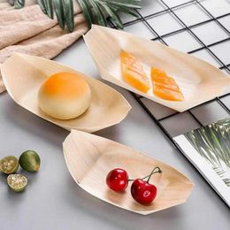 Disposable Dinnerware 100Pcs Sushi Serving Boat Wooden Tray Grade Dessert Salad Appetiser Dish Party Supplies