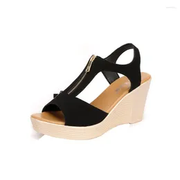 Sandals 2024 Women Wedge Platform Zip Summer Shoes Black Peep Toe Ladies Big Size 43