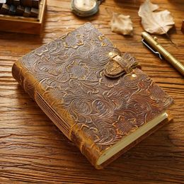 Genuine Leather Journal Lock Design Blank Kraft Paper 400 Pages DIY Diary Travel Notebook Handmade Sketchbook Retro Thick Book 240326