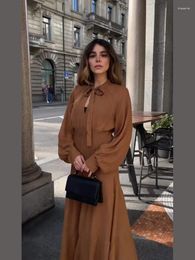 Casual Dresses Elegant Lady Solid Round Neck Lace Up Hallow Out Midi Dress Fashion Puff Long Sleeve Pleated Vestidos 2024 Female Commuting