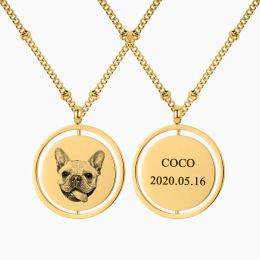 Custom Pet Photo Necklace Personalised Engraved Dog Portrait Name Pendant Memorial Gift Animal Jewellery For Family Pet Loss Lover