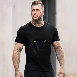 Summer New Men's Large Casual Short Sleeve T-Shirt Premium Sense Pullover Round Neck 3D Digital Panther Print Street Outdoor Top