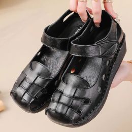 High Quality Roman Sandals Women's Summer Genuine Leather Weave Shoes Mom Gladiator Lady Closed Toe Elderly Flat Wedged Sandals